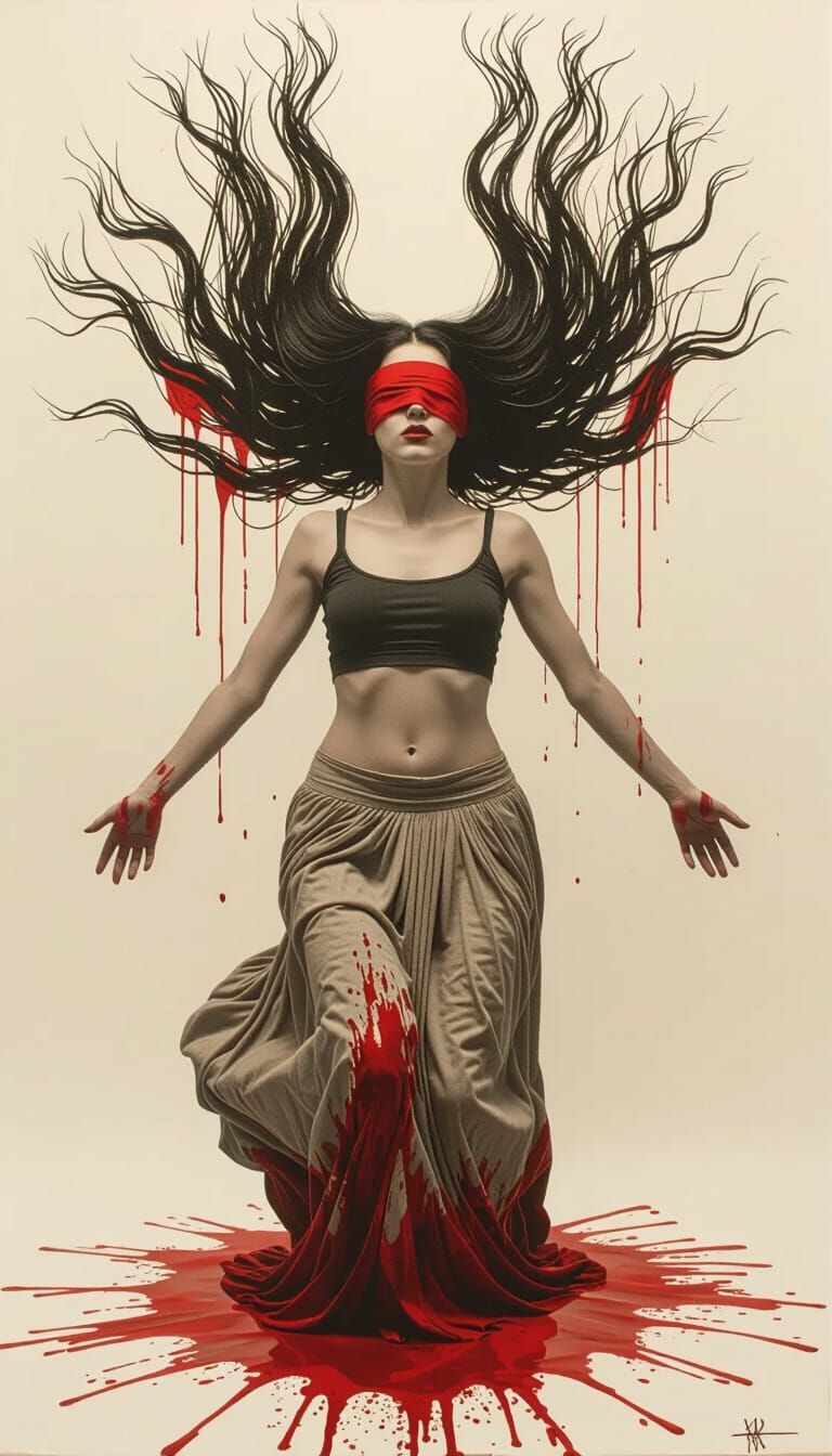 Woman in Weightless Abyss with Red Blindfold