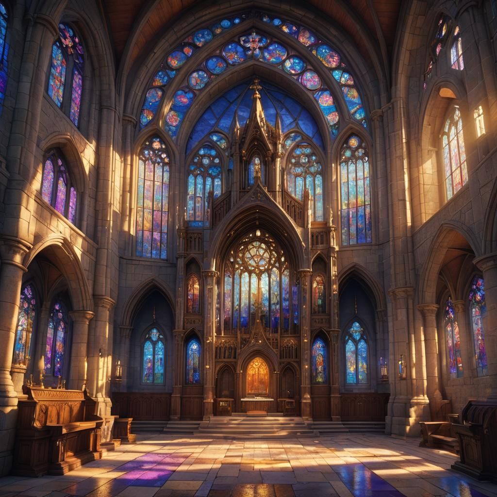 Fantasy Church with Stained Glass in Art Nouveau Style