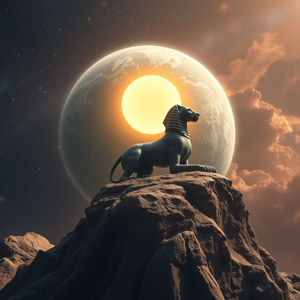 Planet in Intergalactic Space with Gray Sphinx