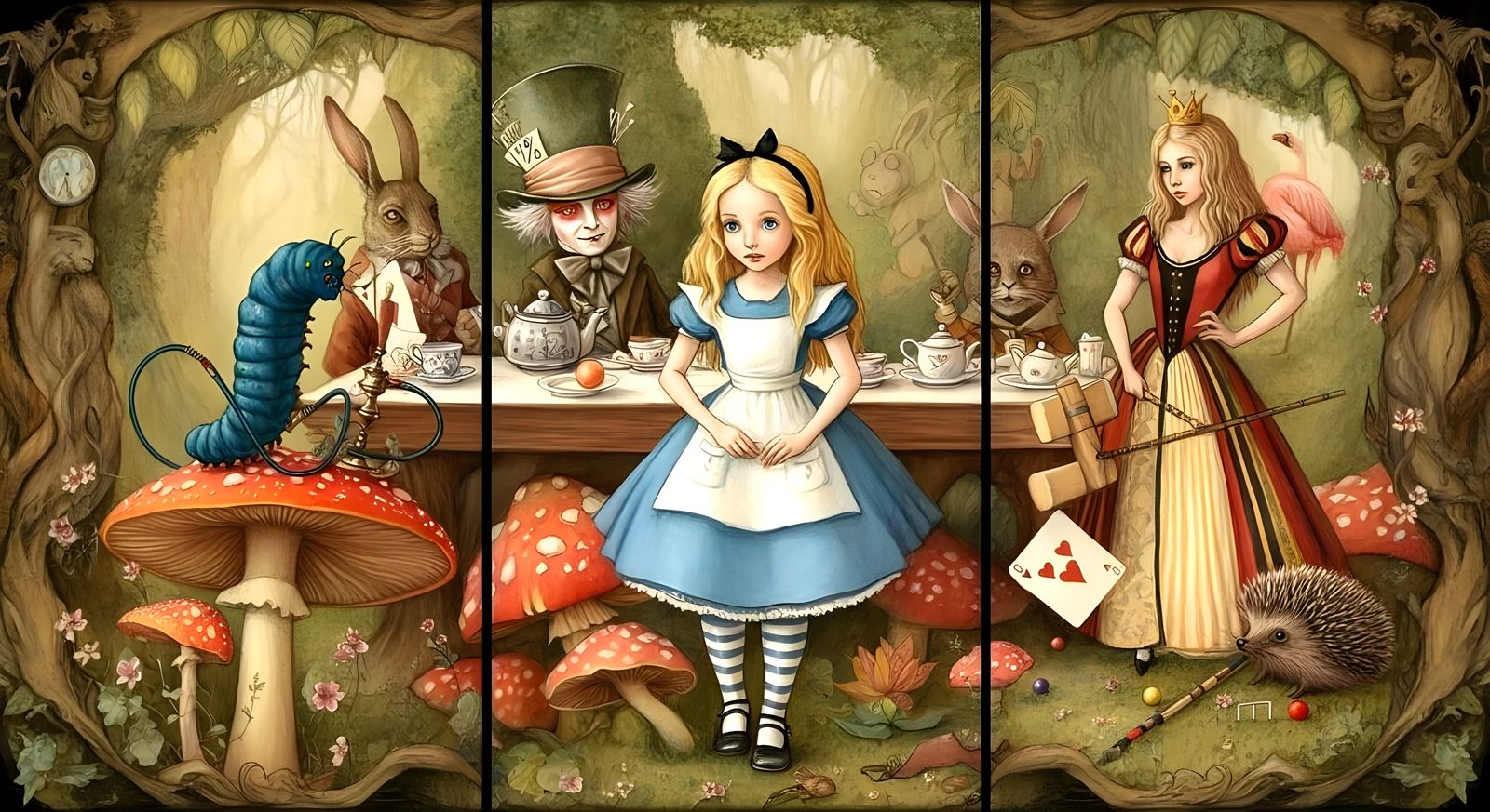 Alice in Wonderland Triptych in Illustrative Style