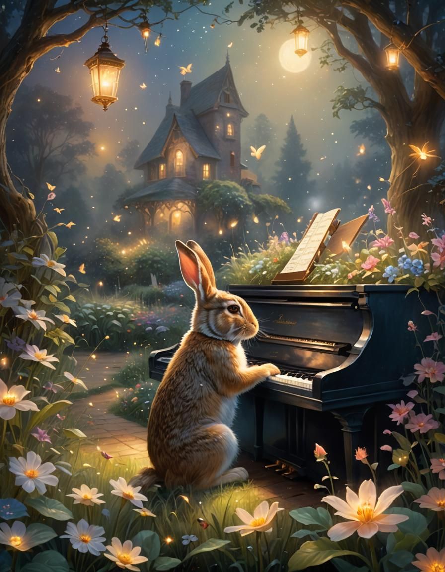 A rabbit playing the piano in a moonlit garden, surrounded b...