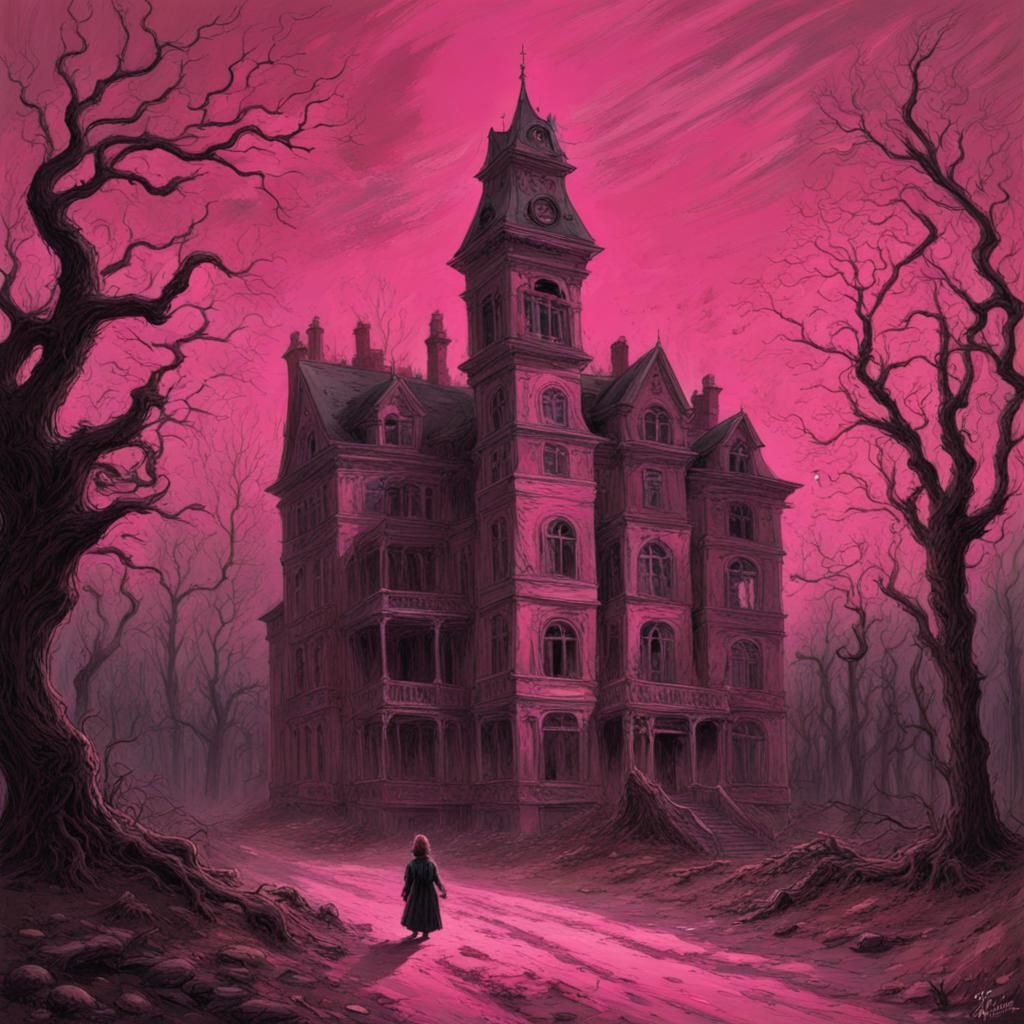 Pink Haunted Asylum in Horror Engraving Style