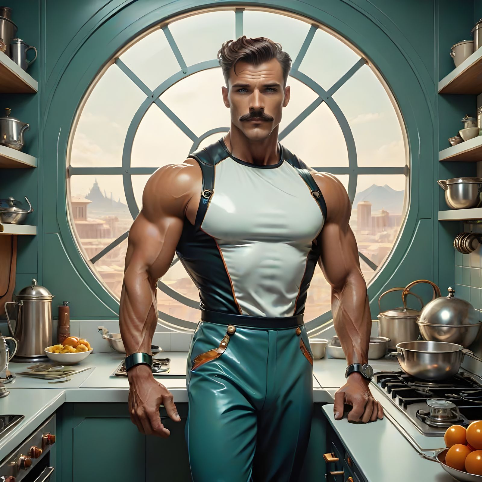Muscular Man Cooking in Retrofuturistic Art Deco Kitchen