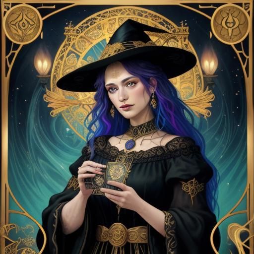Witch Reading Tarot Cards in Art Nouveau Style