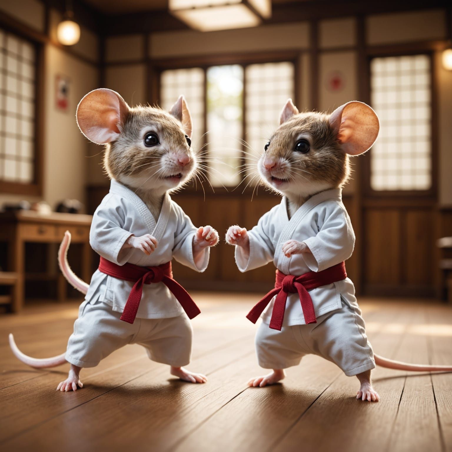 Cartoon Mice Practice Karate in Dojo