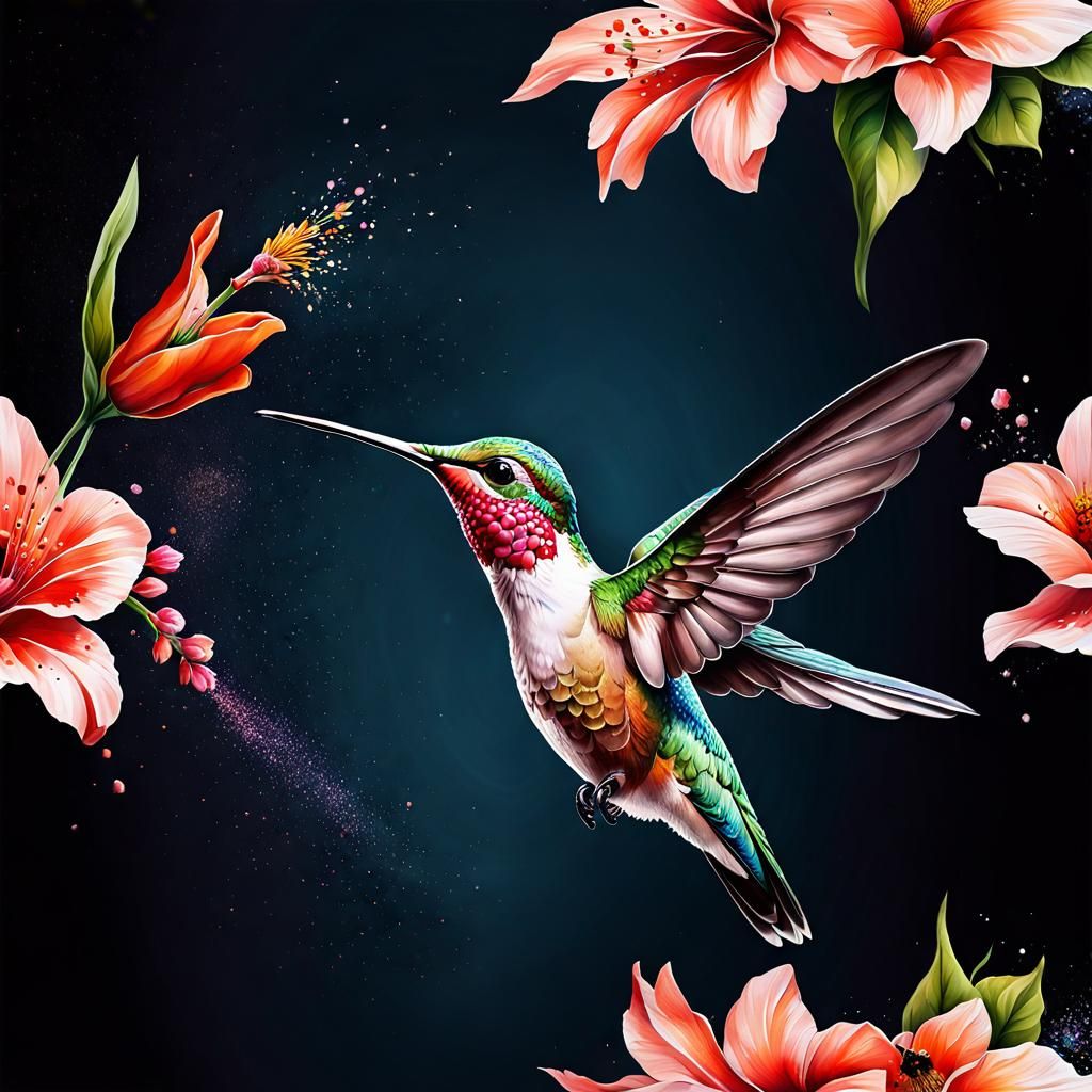 Whimsical Hummingbird and Flower Splash Art