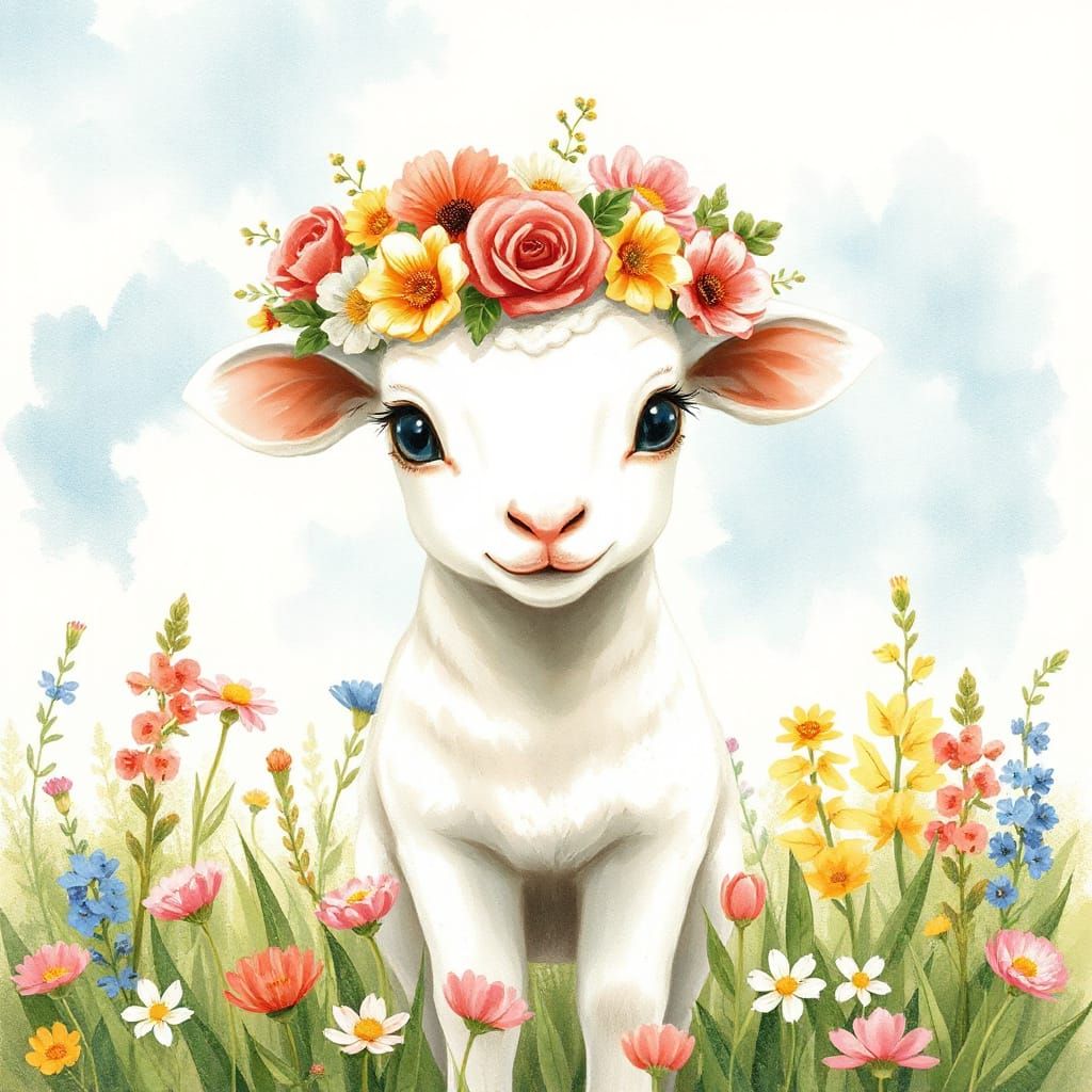 Lamb in Flower Crown, Whimsical Watercolor Illustration