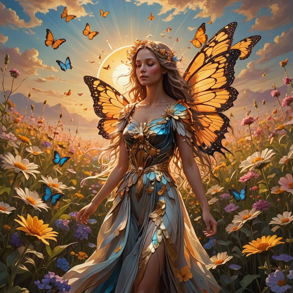 Goddess with Butterfly Wings in Flower Field