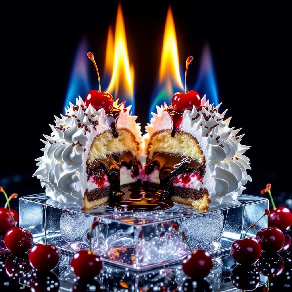 Hyperrealistic Bombe Alaska Flambé with Vivid Flames