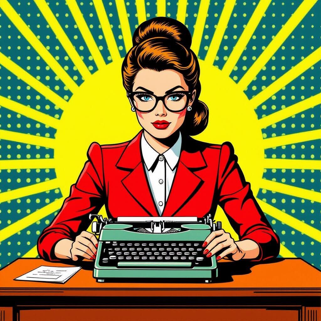 Retro Secretary Typing in Pop Art Comic Style