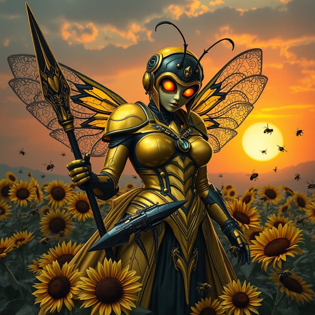 Mystical Bumblebee Queen in Dark Fantasy Armor