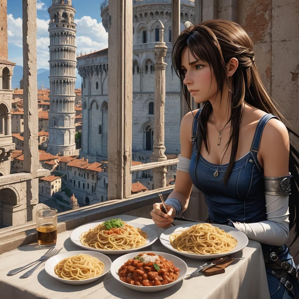 Anime Couple Share Spaghetti in Italy, 3D Art