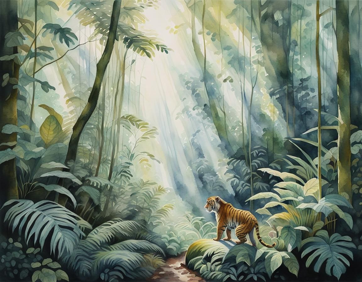 Rainforest Watercolour with Monkey and Tiger