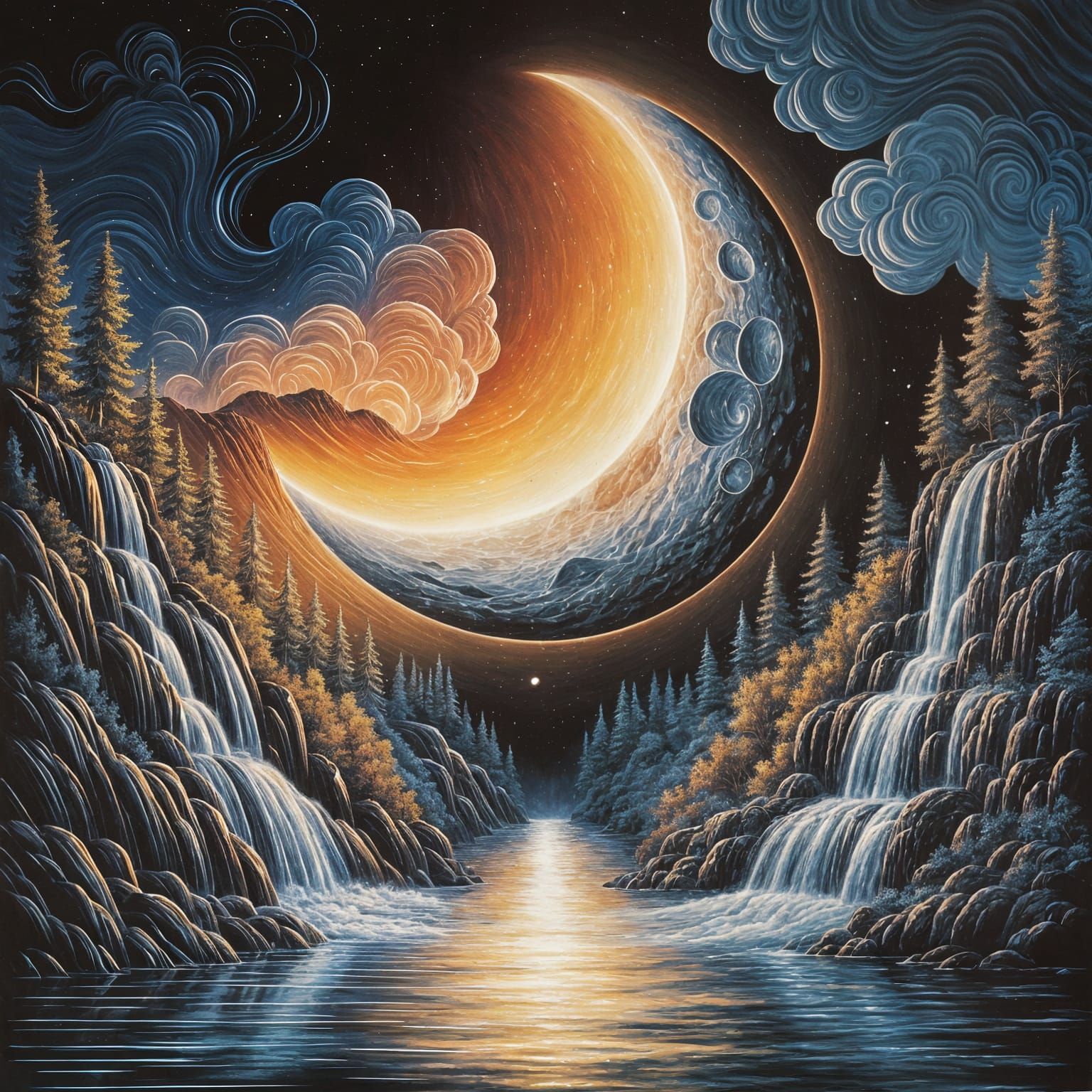 Fiery Moonlit River Scene as Gouache Painting