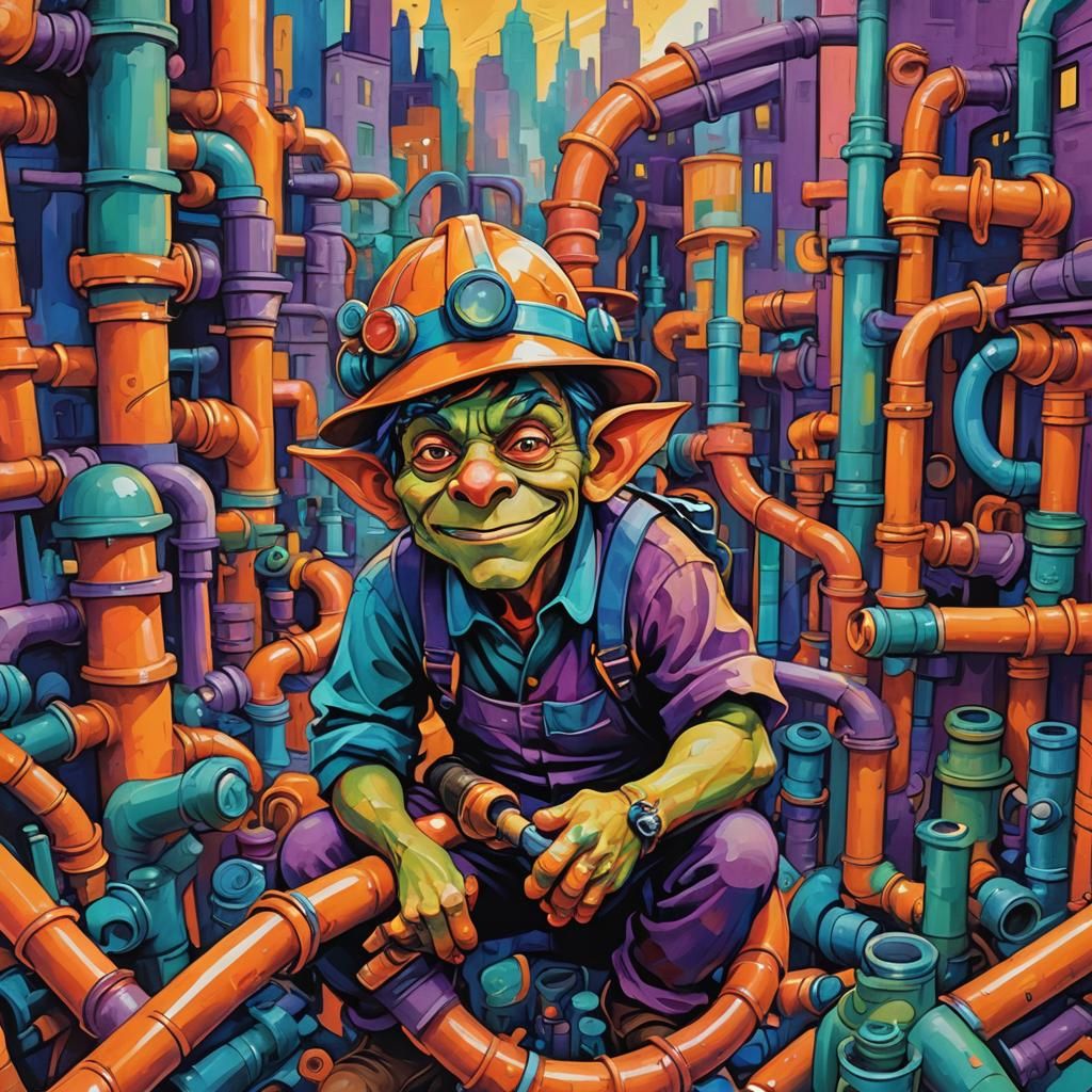 Goblin Plumber in Fauvist Abstract Cityscape