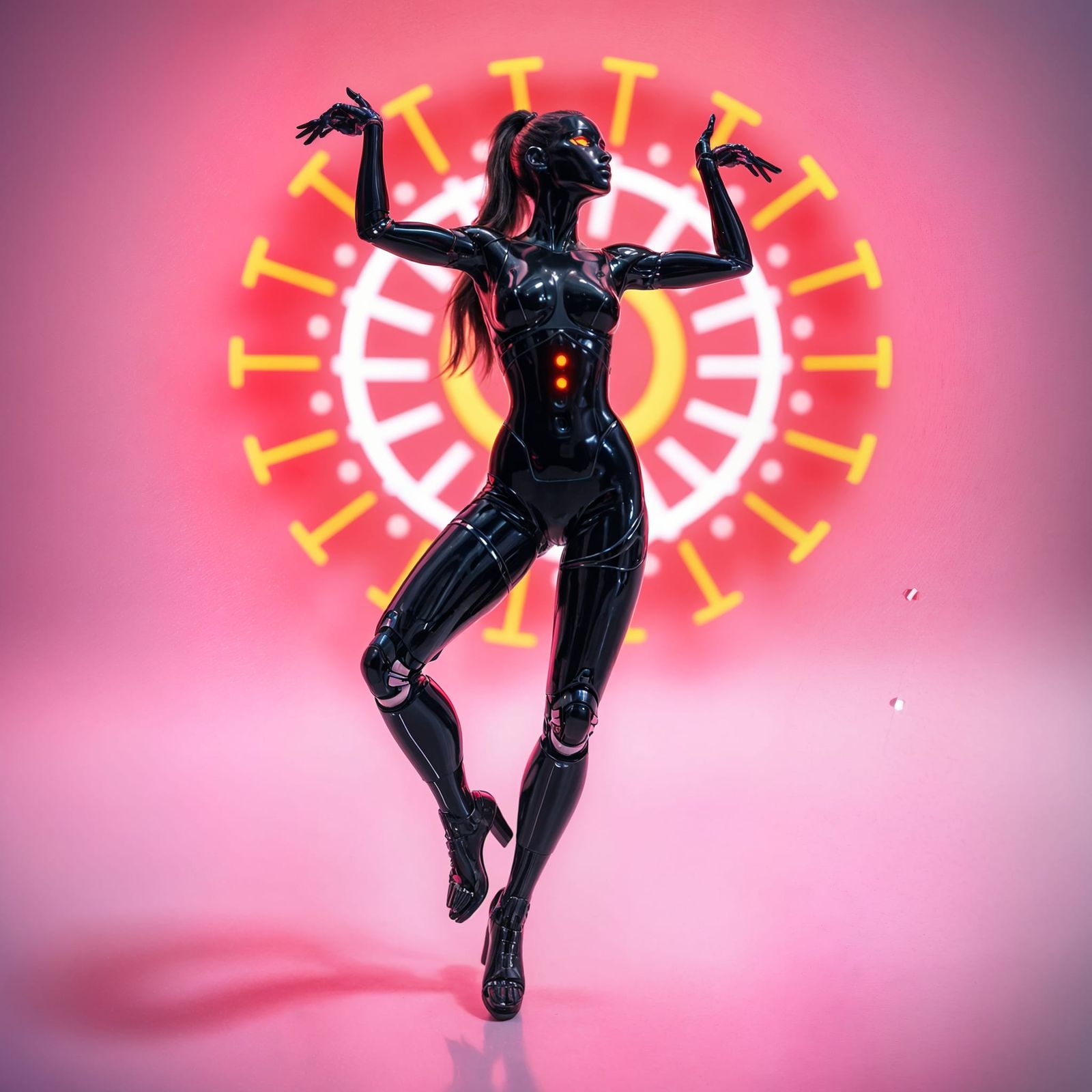 Glowing Cyborg Dancer in Neon Glass and Carbon Fiber