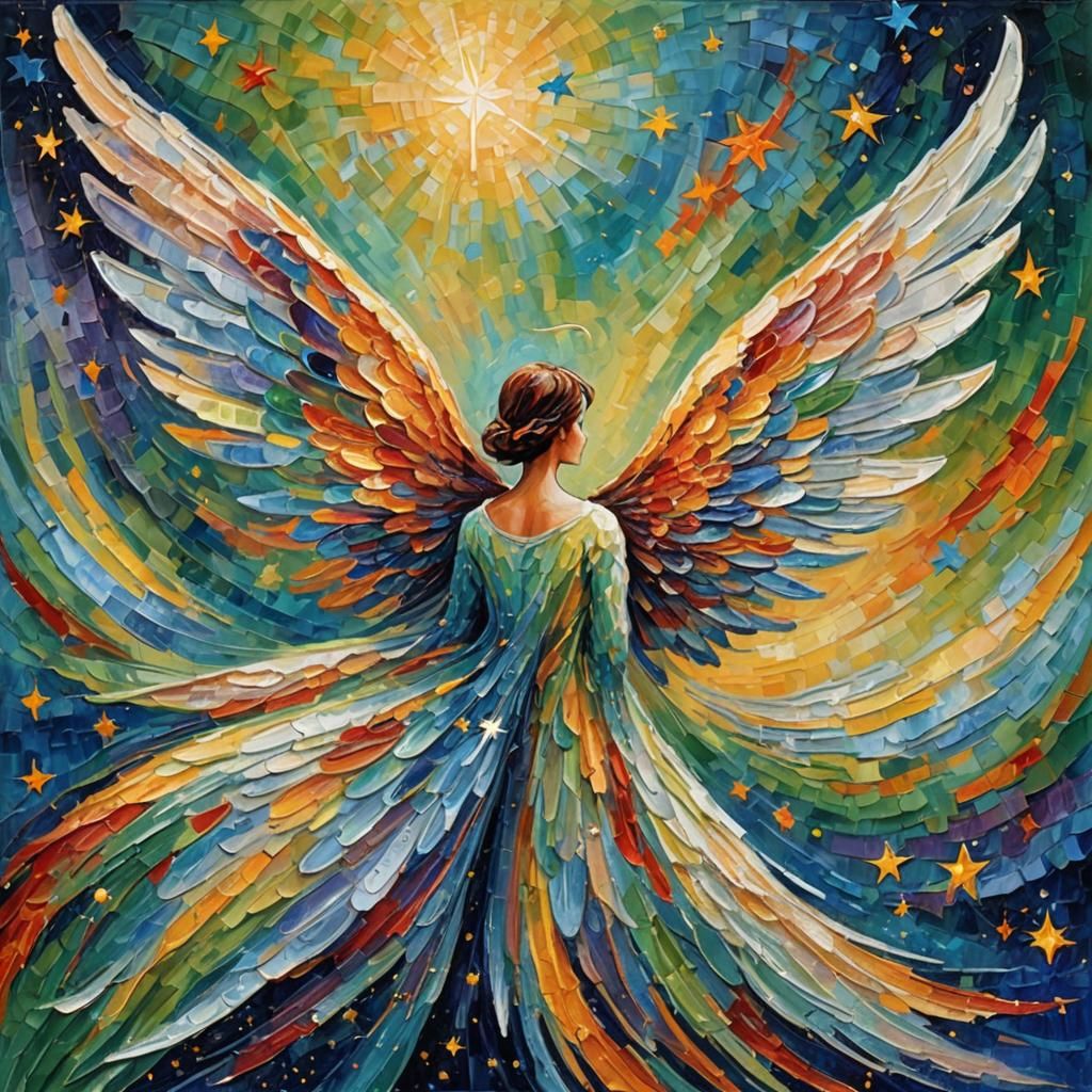 Star on Angel's Wing: Neo-Impressionist Oil Painting