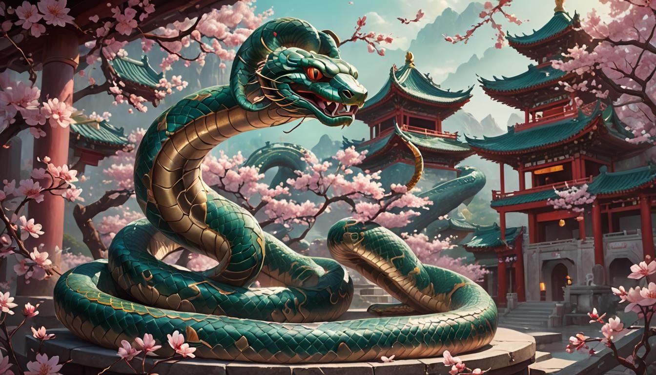 Majestic Snake Coiled Around Ancient Temple in Fantasy Art