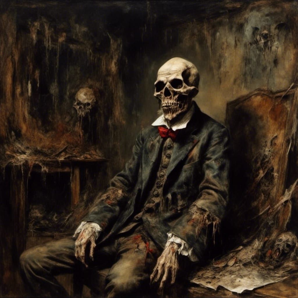 Macabre Jester in Gothic Setting, Surreal Oil Painting