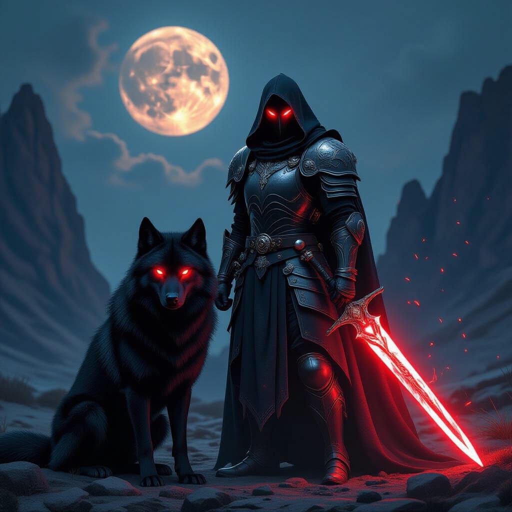 Dark Fantasy Knight and Wolf with Glowing Red Eyes