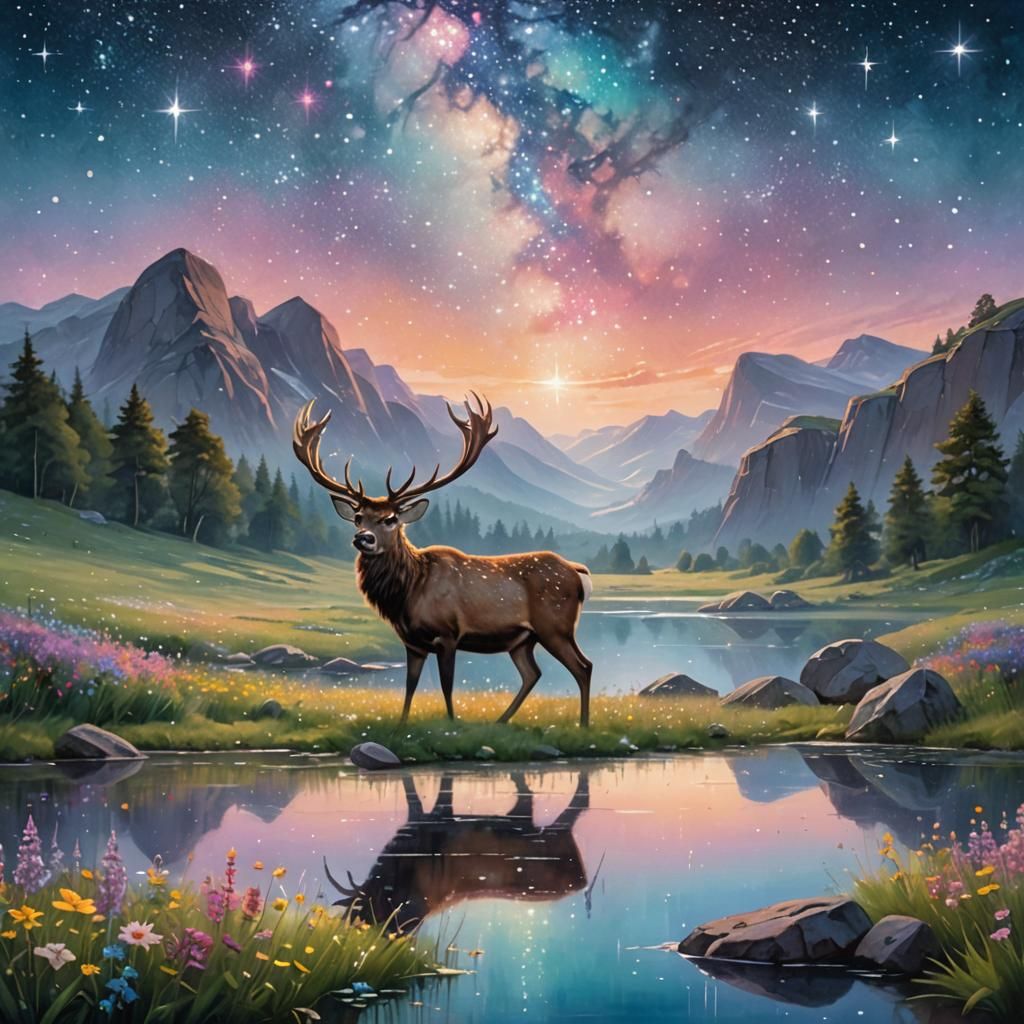 Ethereal Stag in Starry Meadow: Impressionistic Landscape