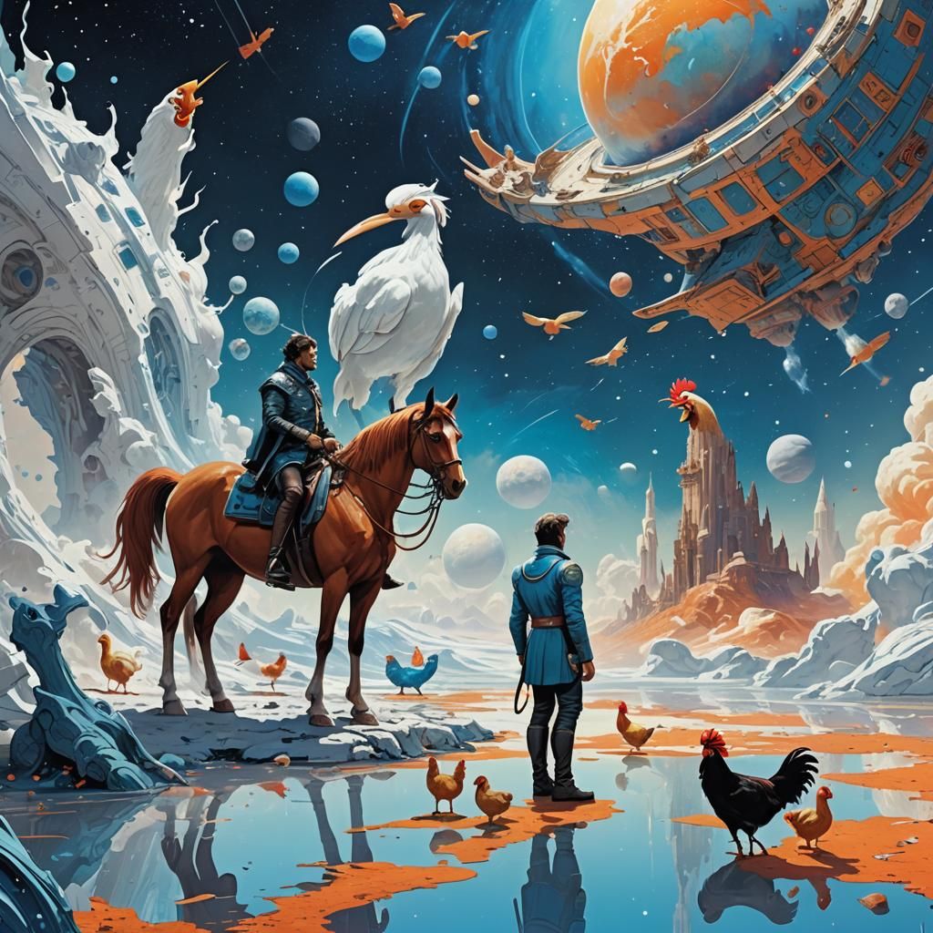 Surreal Space Scene with Animals, Friedrich Inspired