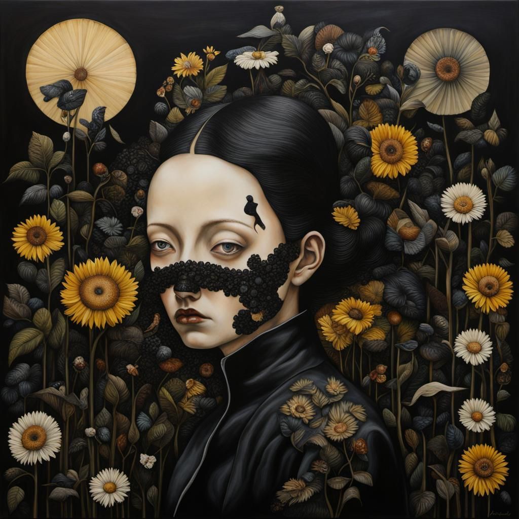 Surreal Black Scene in Mixed Media Style