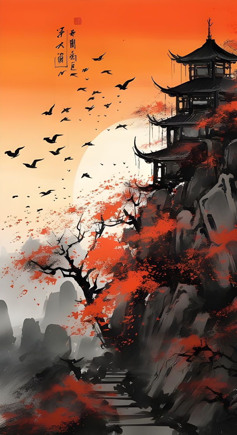 Raven's Cry: Moonset Landscape with Maple Leaves