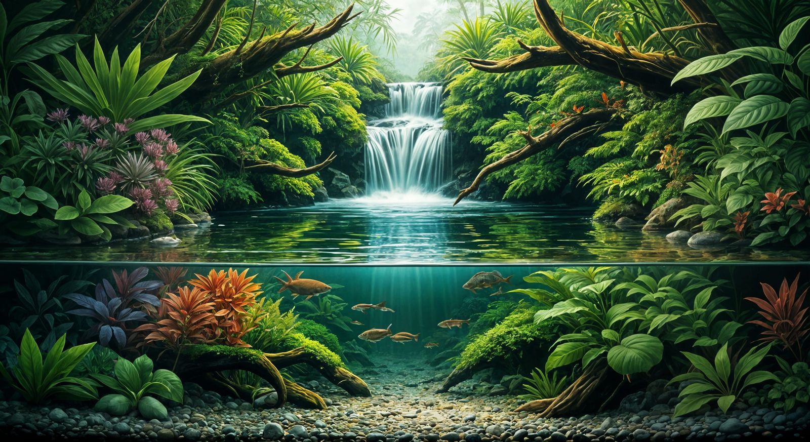 Tropical Paludarium Scene with Waterfall and Lush Vegetation