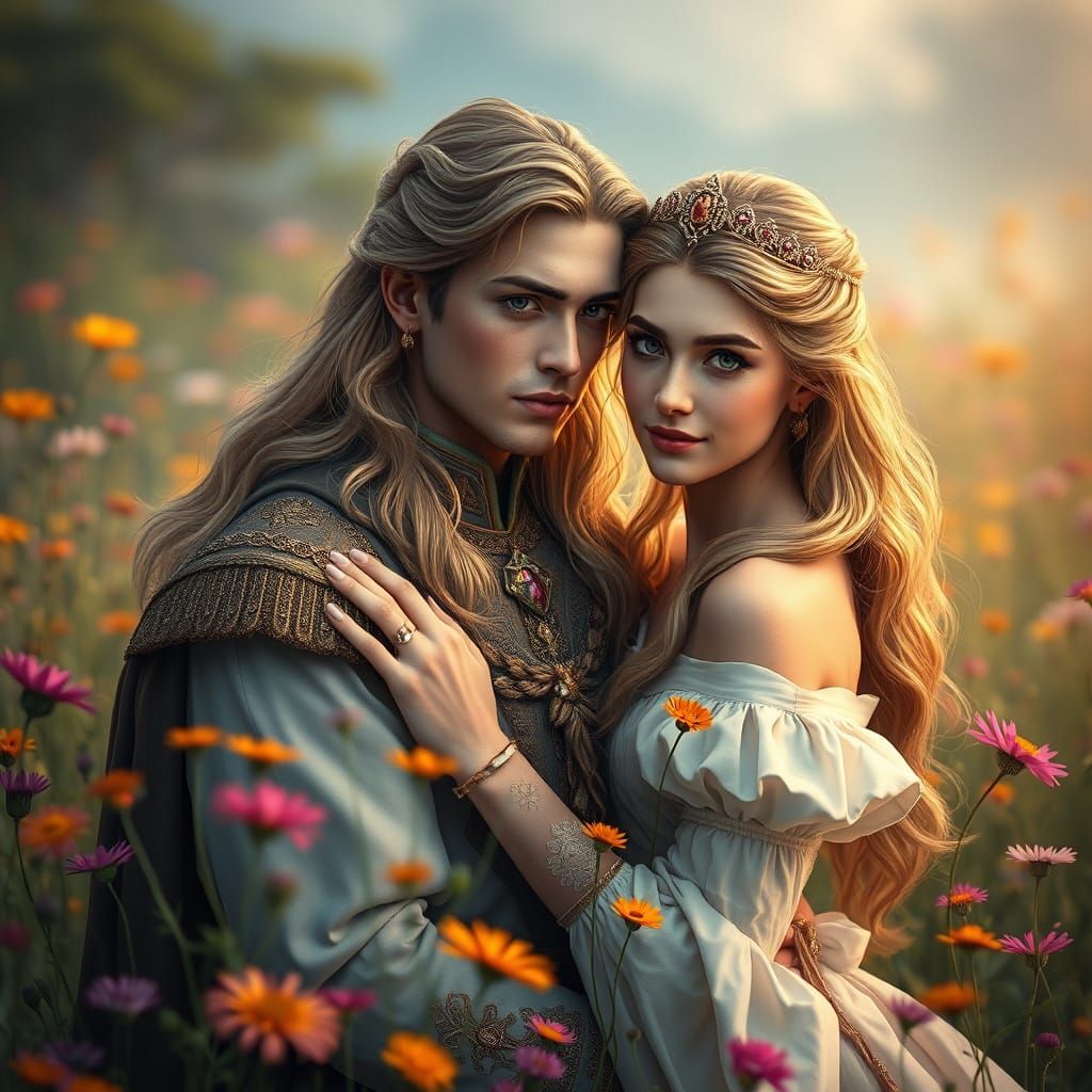 Regal Fantasy Couple in a Field of Wildflowers