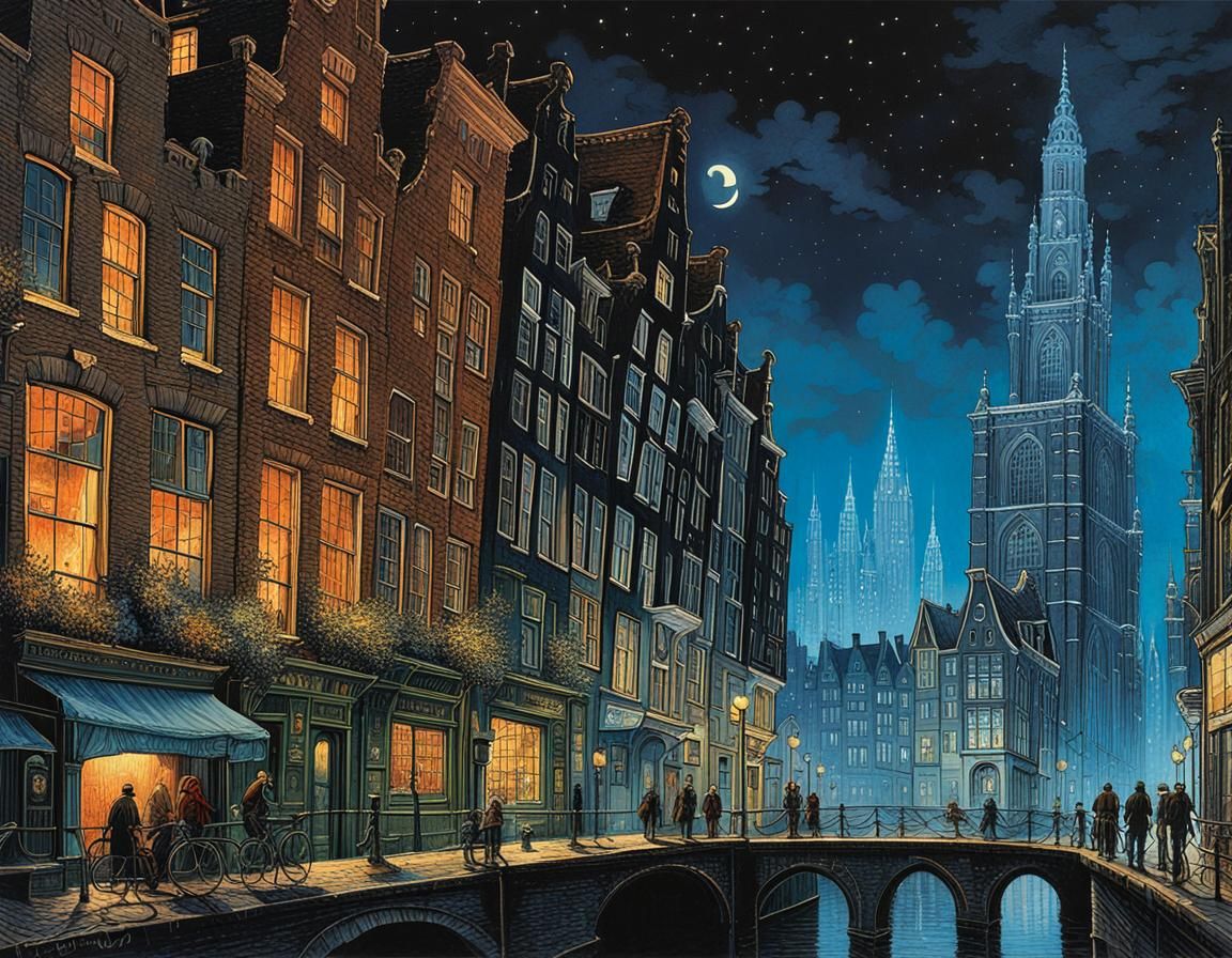 Amsterdam Gothic Cityscape at Night