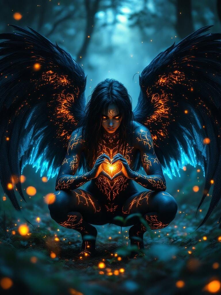 Mystical Dark Angel in Enchanted Forest