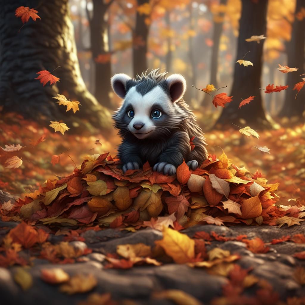 Cute Baby Animal in Autumn Leaves