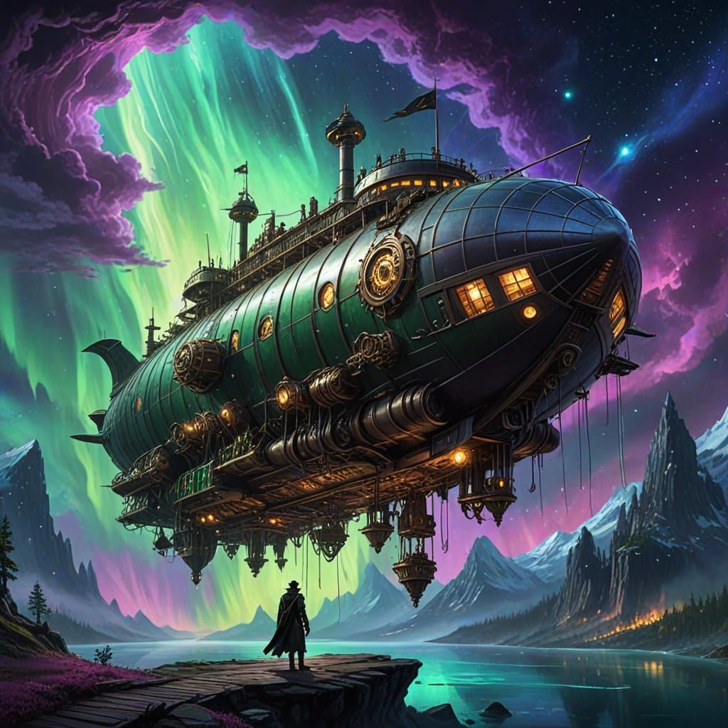 Steampunk Airship in Emerald Nebula