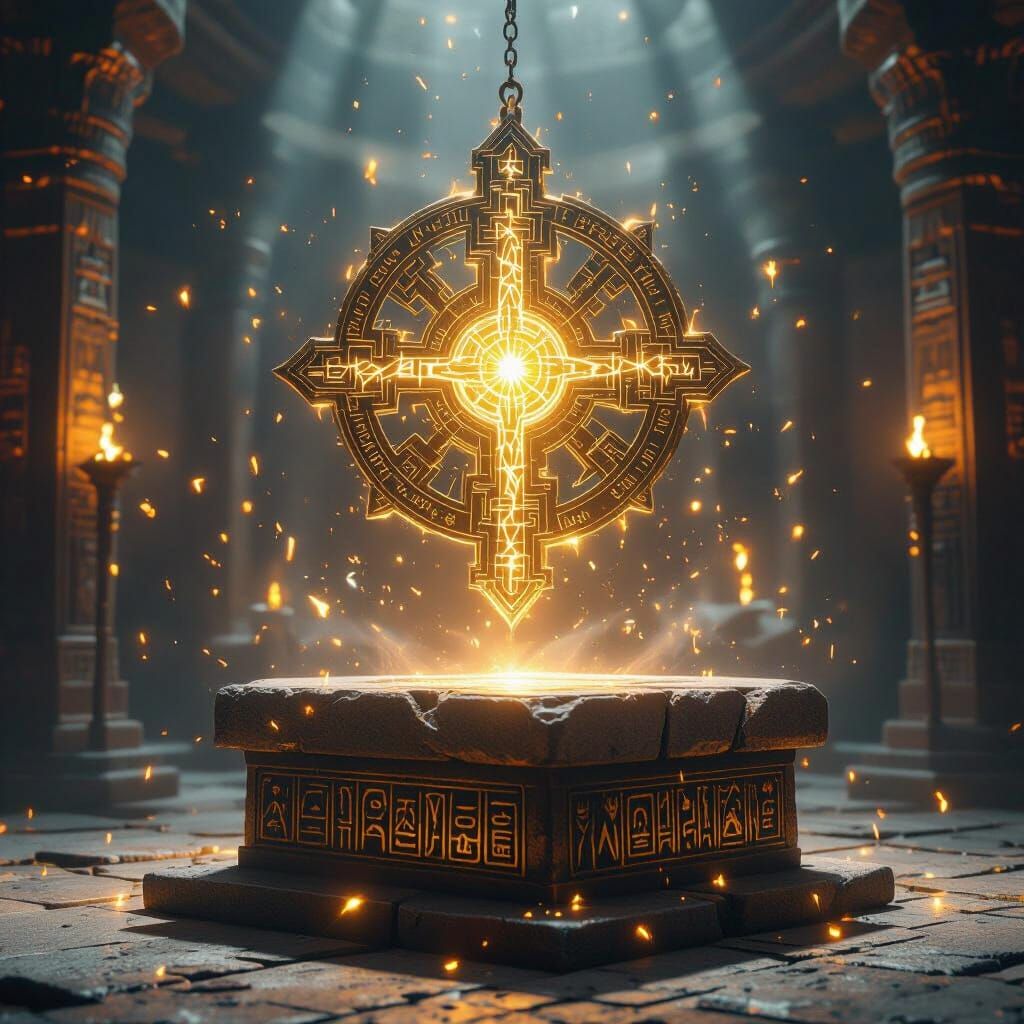 Glowing Millennium Puzzle in Ancient Temple