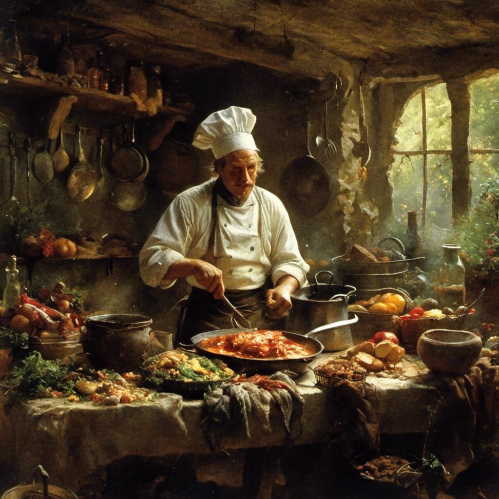 Fantasy Chef Cooking a Meal in Light Fantasy Style