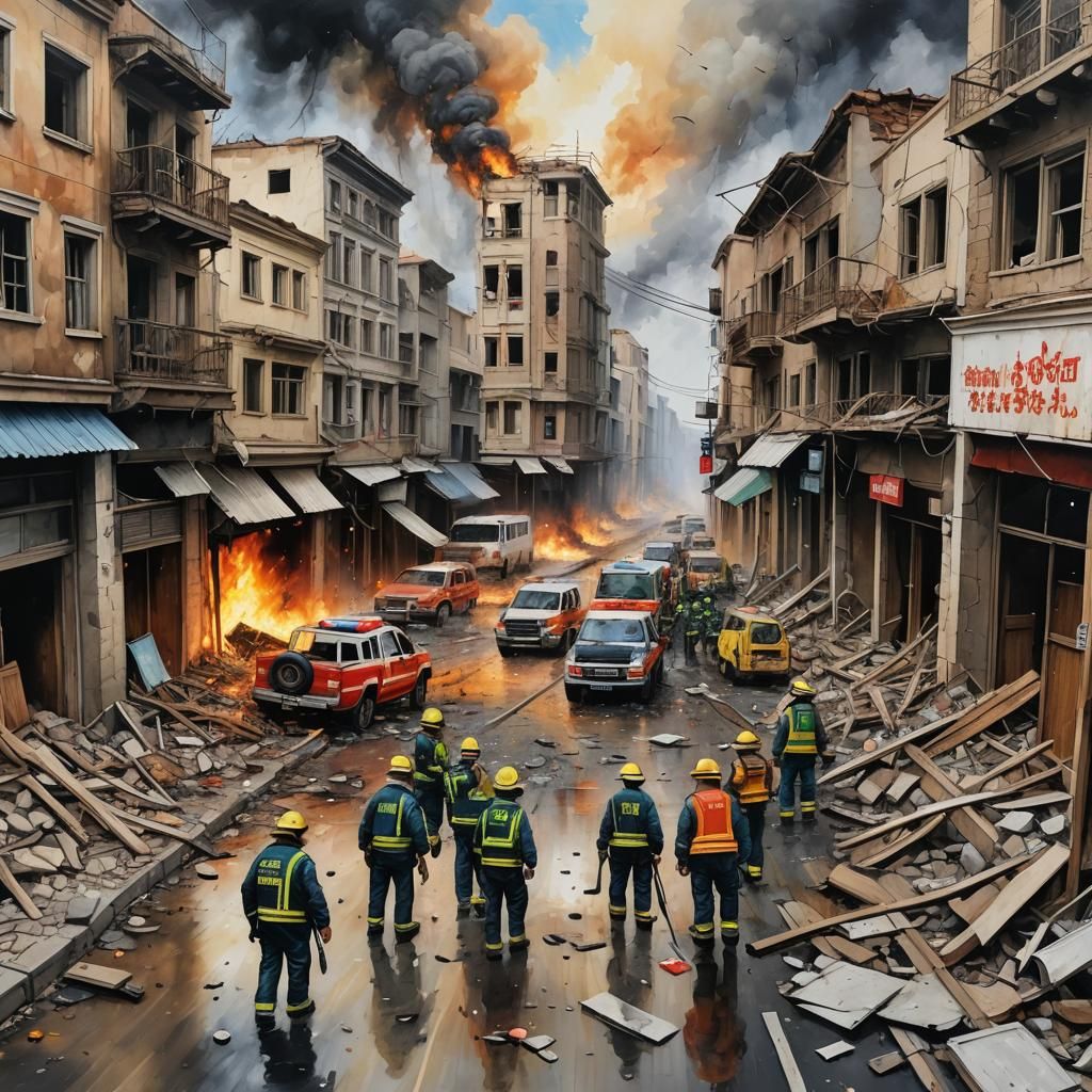Earthquake Aftermath: Rescue and Ruin in Detailed Oil Painti...