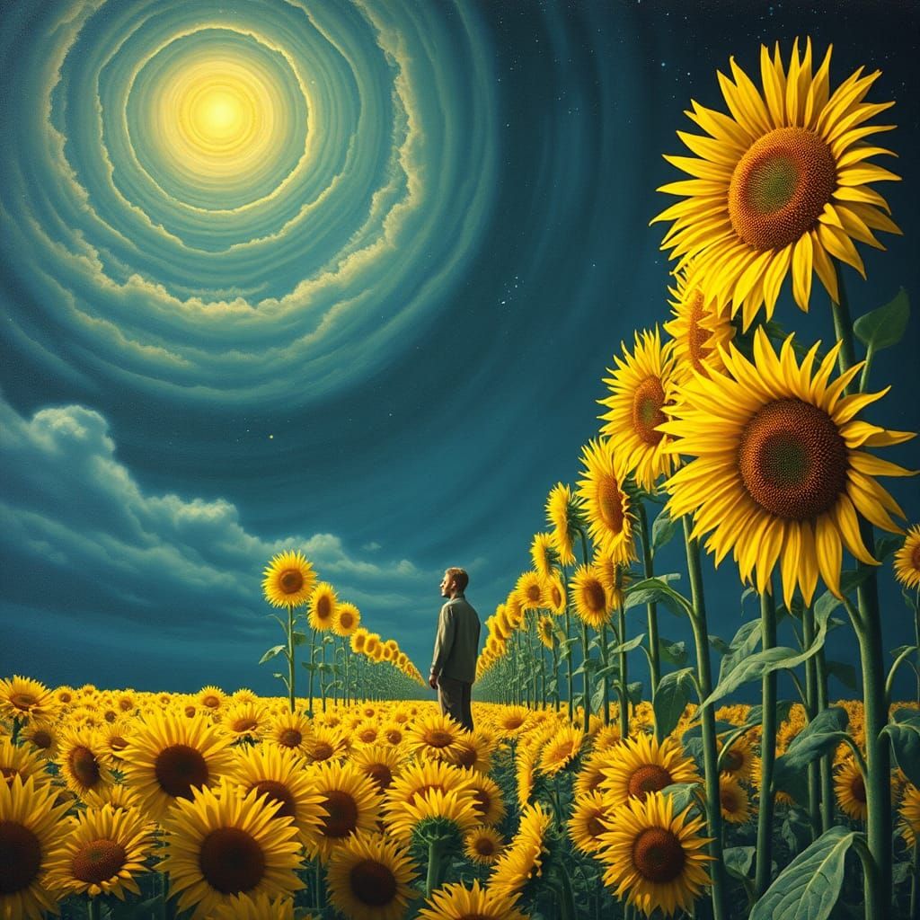 Surreal Sunflower Field at Night, Salvador Dali Style