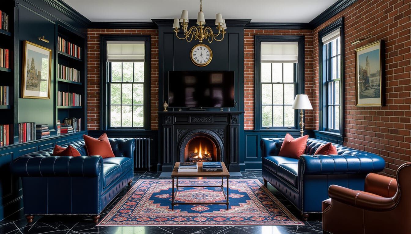 Victorian Living Room with Dark Blue & Brick Accents