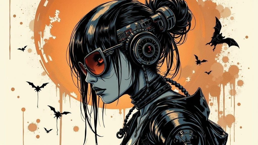 Cyberpunk Bats in Corroded Mechanic Woman Silhouette
