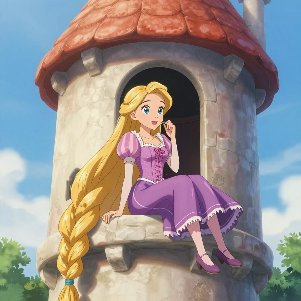 Anime Rapunzel Trapped in Her Tower