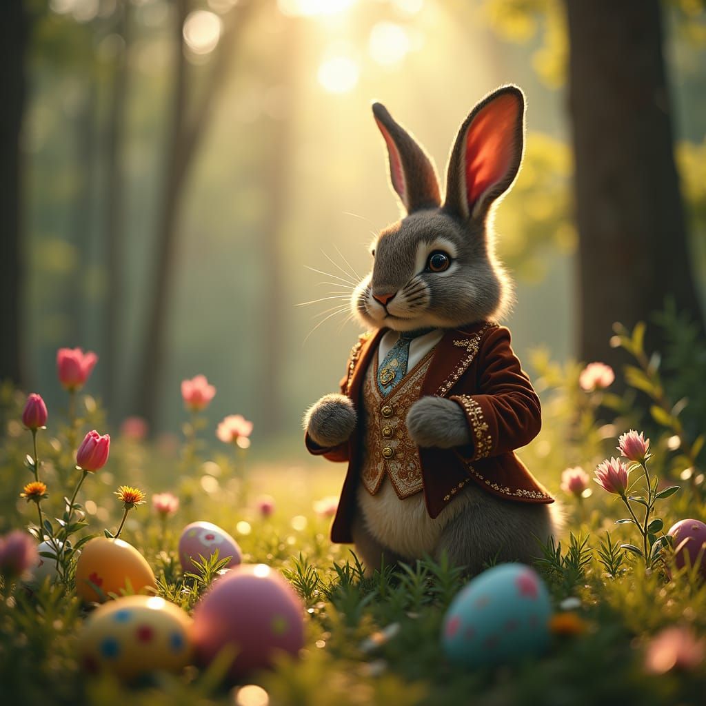 Majestic Easter Bunny in Earthy Velvet Suit, Surrounded by E...