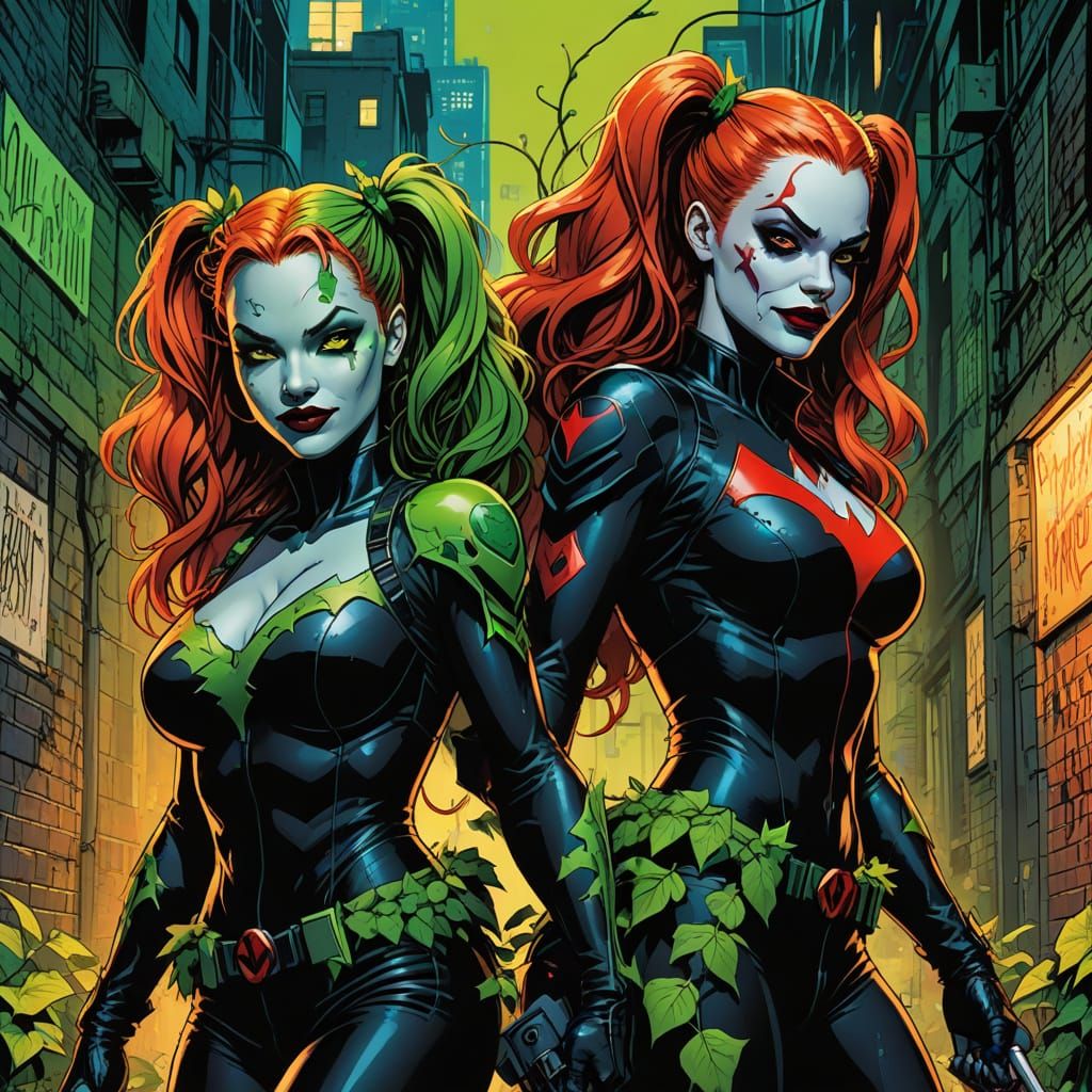 Poison Ivy and Harley Quinn in Gotham Alley