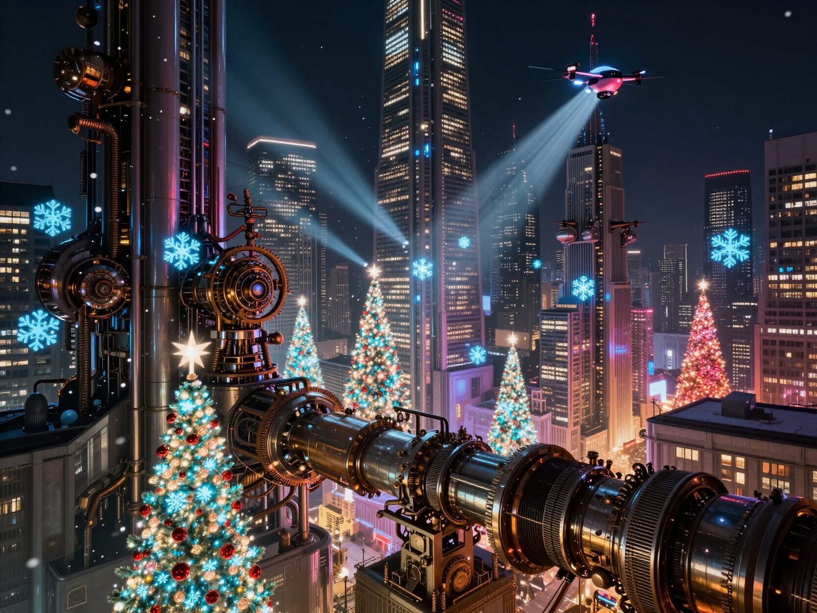 Cyberpunk Cityscape Decked for Christmas with Holographic Tr...