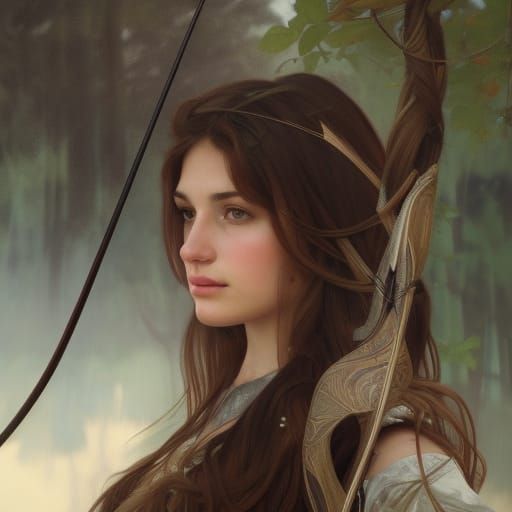 Girl Archer in Forest, Hyperdetailed Fantasy Portrait