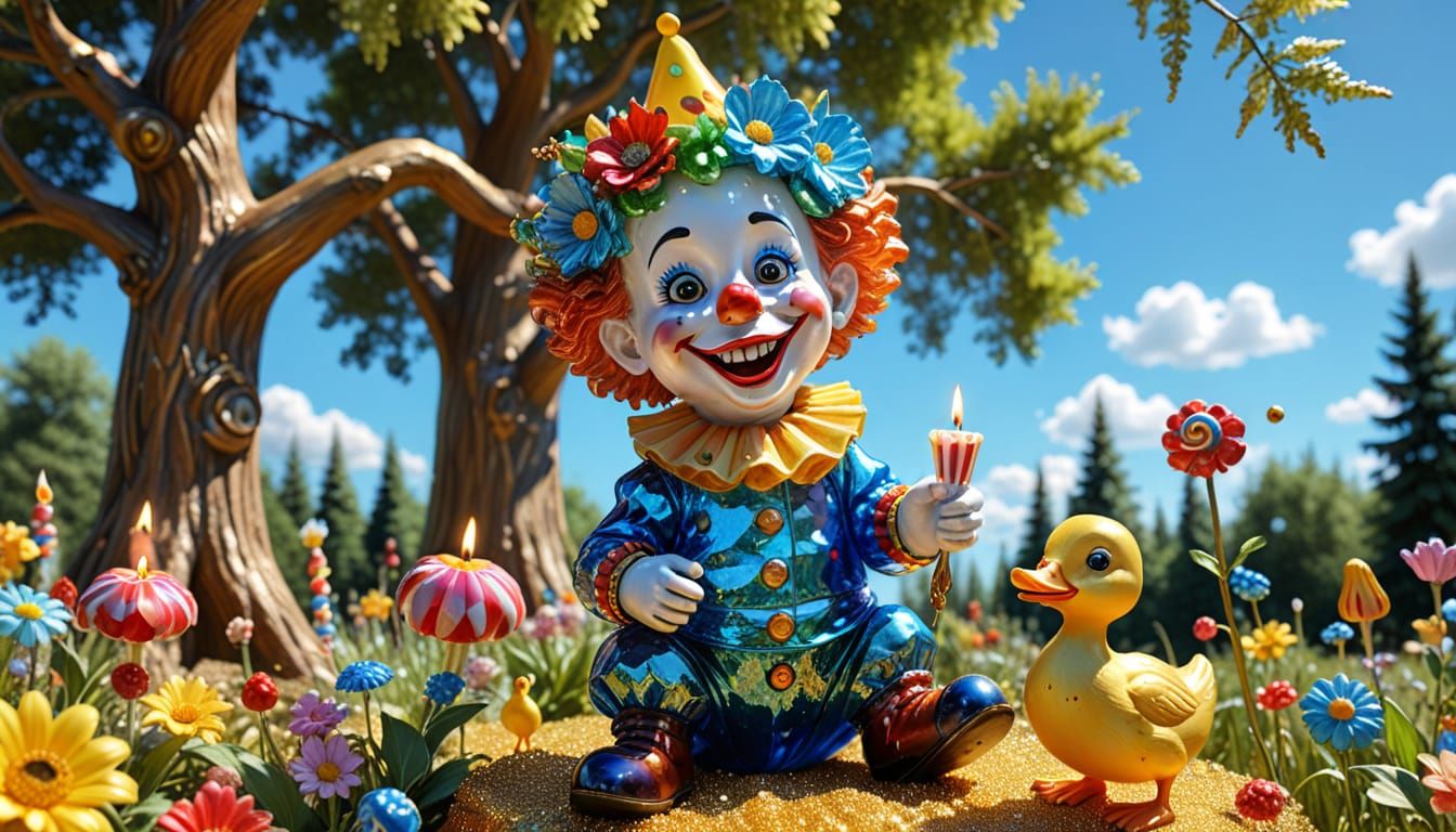 Circus Clown and Duckling Glass Sculpture in Forest