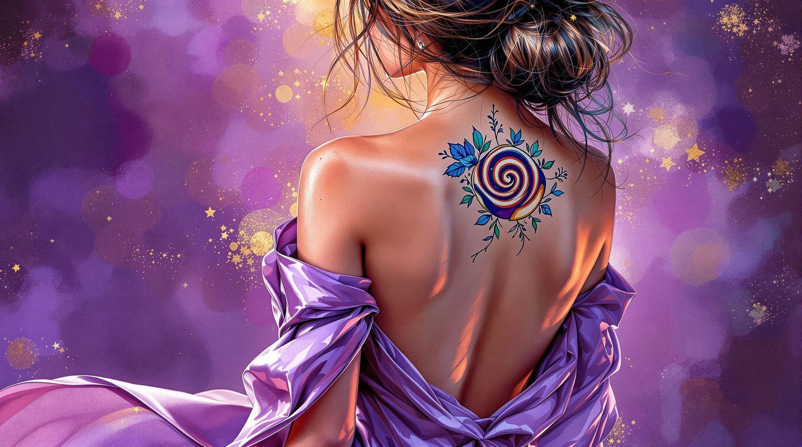 Polished Lady with Intricate Cinnamon Roll Tattoo in Lavende...