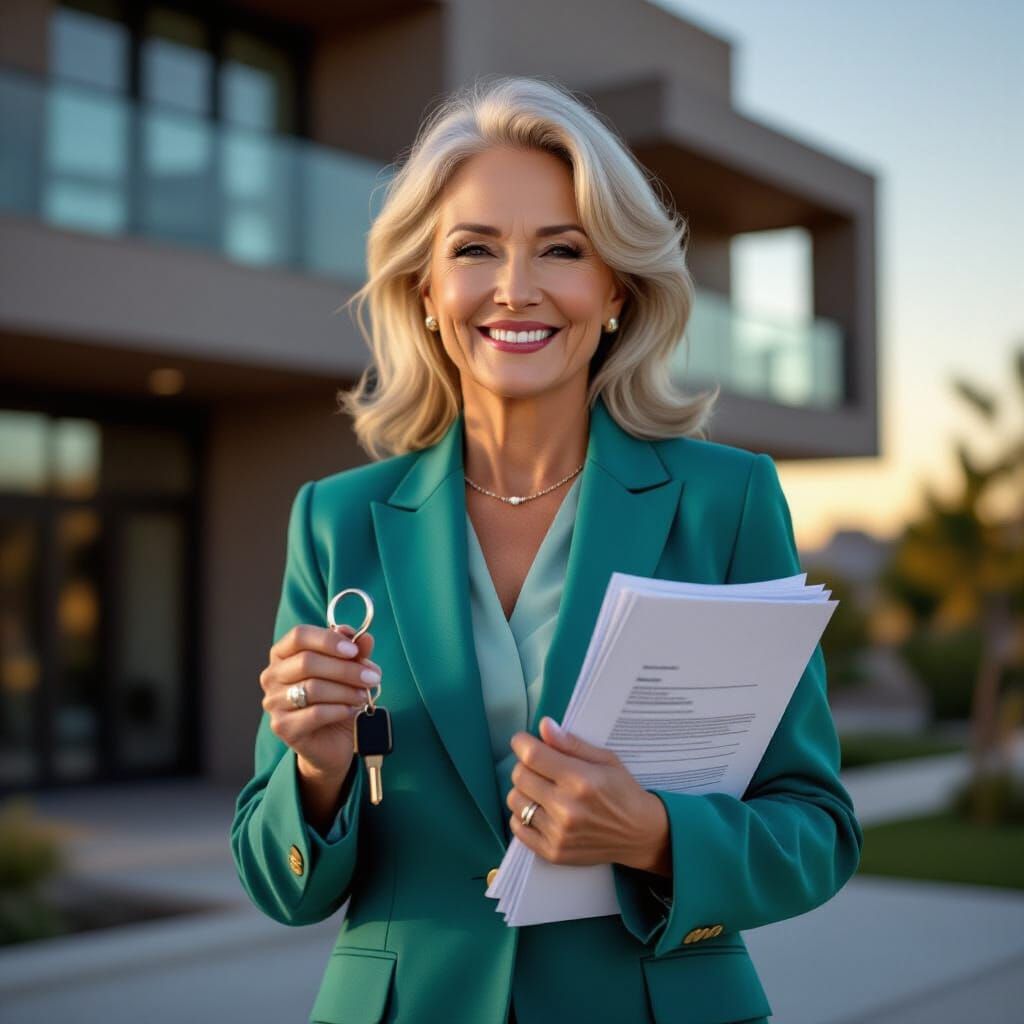 Triumphant Woman in Teal Pantsuit with Keys and Contract