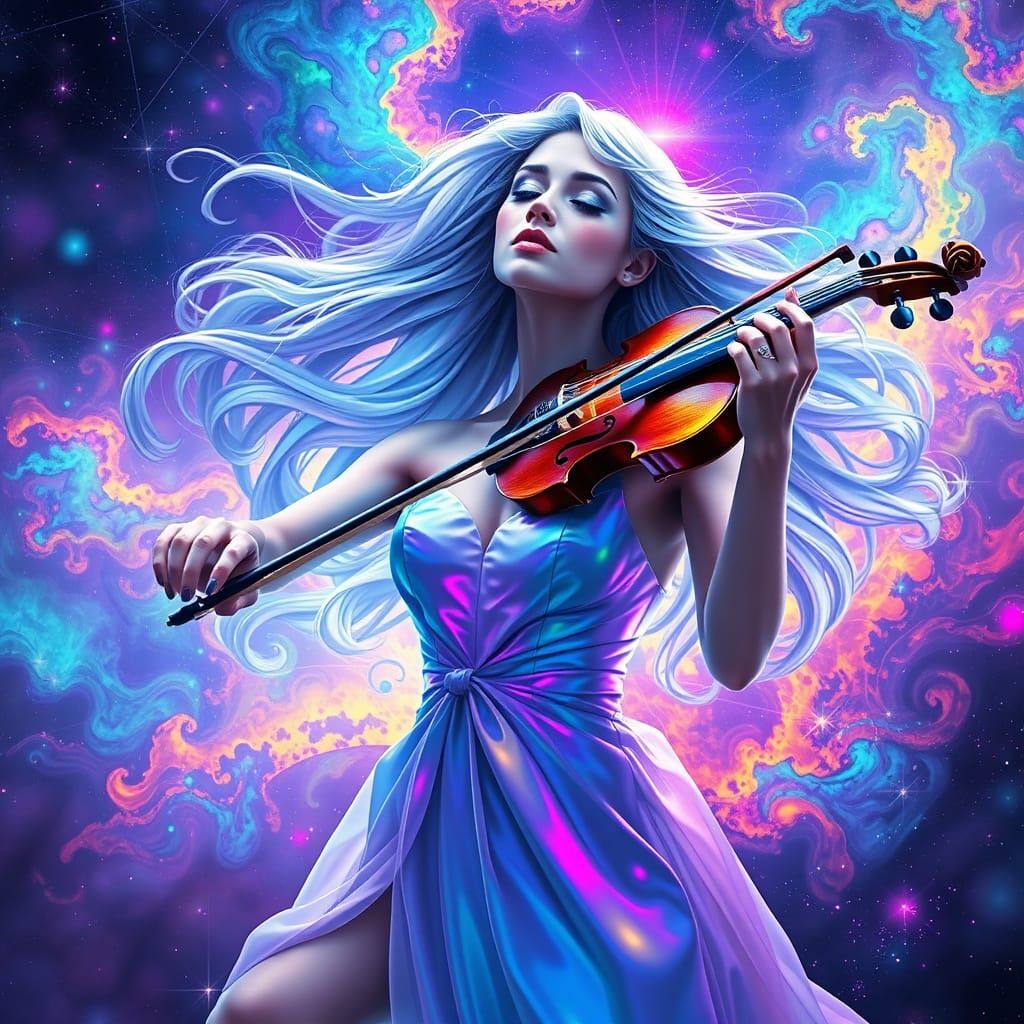 Psychedelic Violinist in Cosmic Dreamscape