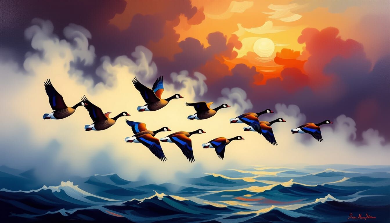 Geese Fly Over Atlantic in Style of Aivazovsky